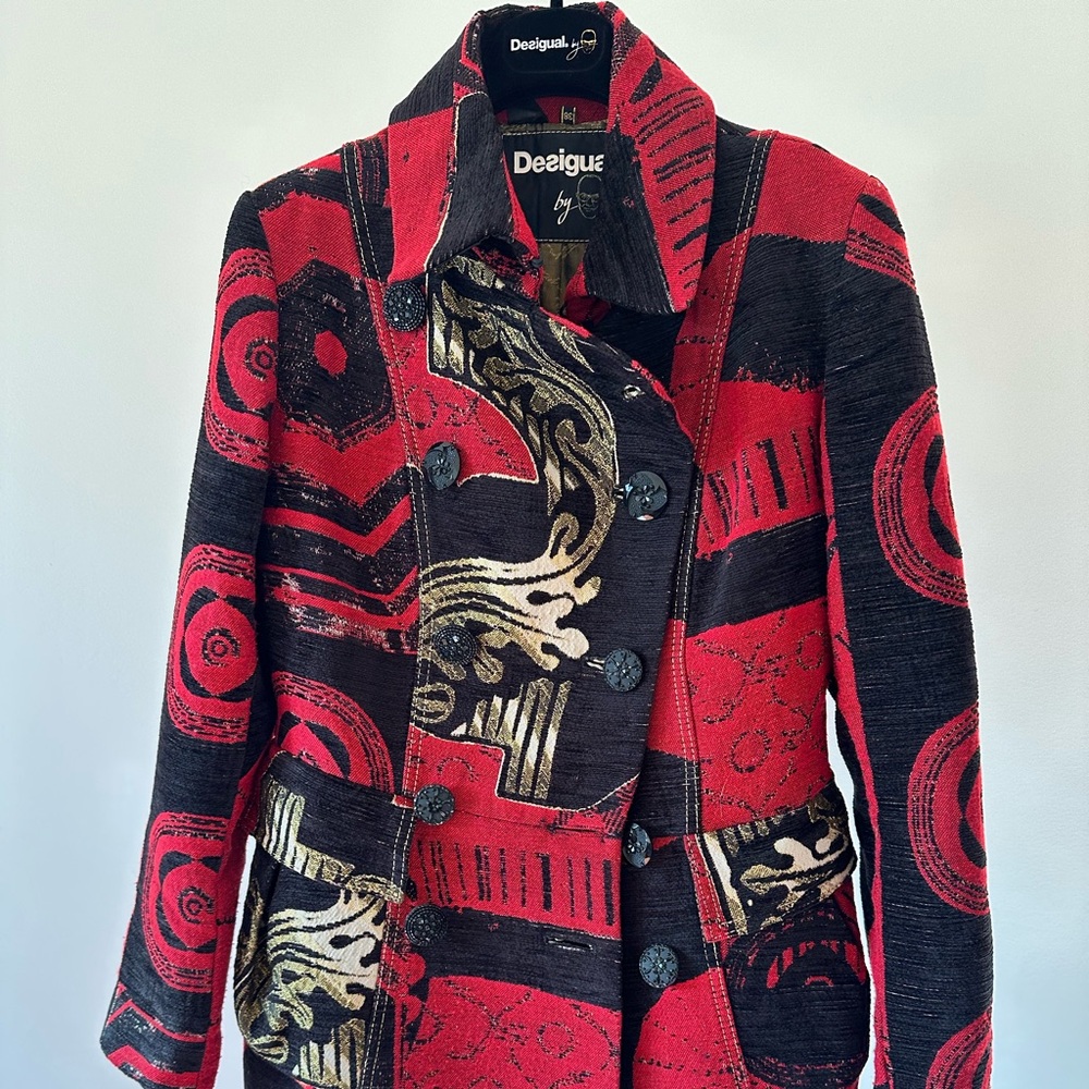 Desigual Red and Black Trench Coat with Graphic Design